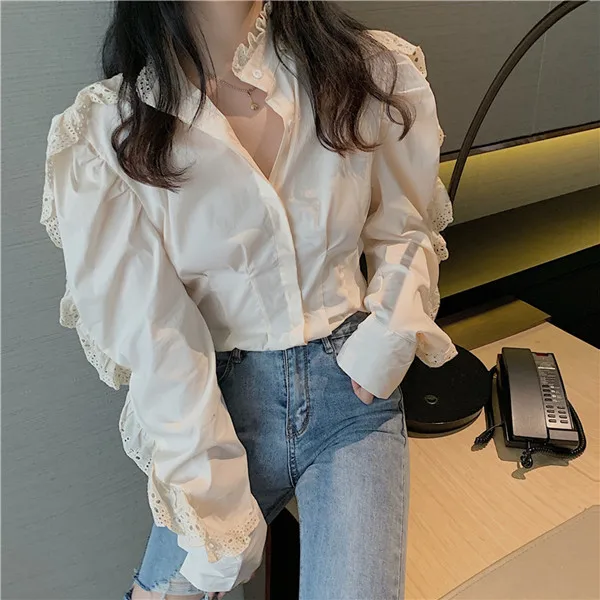 RUGOD корейский стиль Шикарный Waveselvedge с длинным рукавом Элегантная блузка женская кружевная Милая рубашка Зимние Топы для женщин Мода - Цвет: Белый
