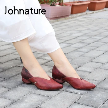 

Johnature Pumps Women Shoes Retro Genuine Leather Platform Heels 2020 New Spring Sewing Pointed Toe Leisure Concise Ladies Shoes