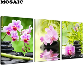 

Orchid Flower Bamboo Stone 3 Pieces diamond painting zen buddha full square round diamond embroidery set for living Room decor