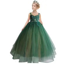 Green Flower Girl Dresses For Weddings Ball Gown Scoop Tulle Appliques Lace Long First Communion Dresses Little Girl