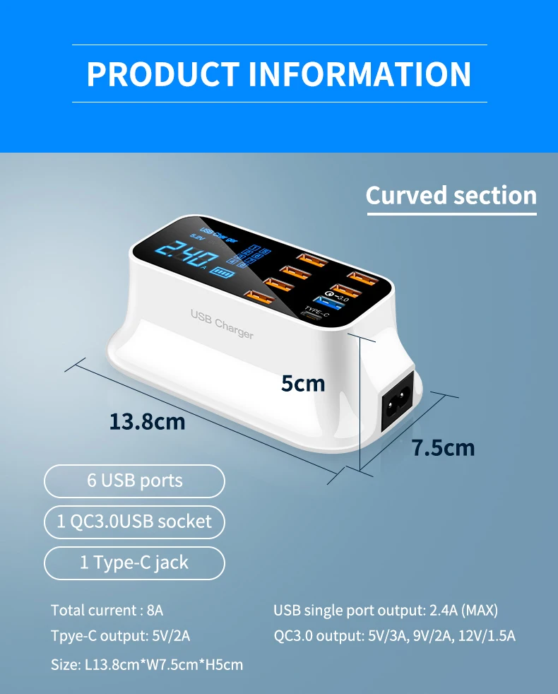 Многопортовый цифровой ЖК-дисплей USB зарядное устройство для Android iPhone 2.4A быстрое зарядное устройство кабель для xiaomi huawei samsung ipad адаптер