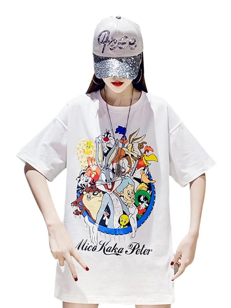 

Net red bright shiny rabbit myna cartoon T-shirt 2020 summer Korean style loose large size medium long white short sleeve women
