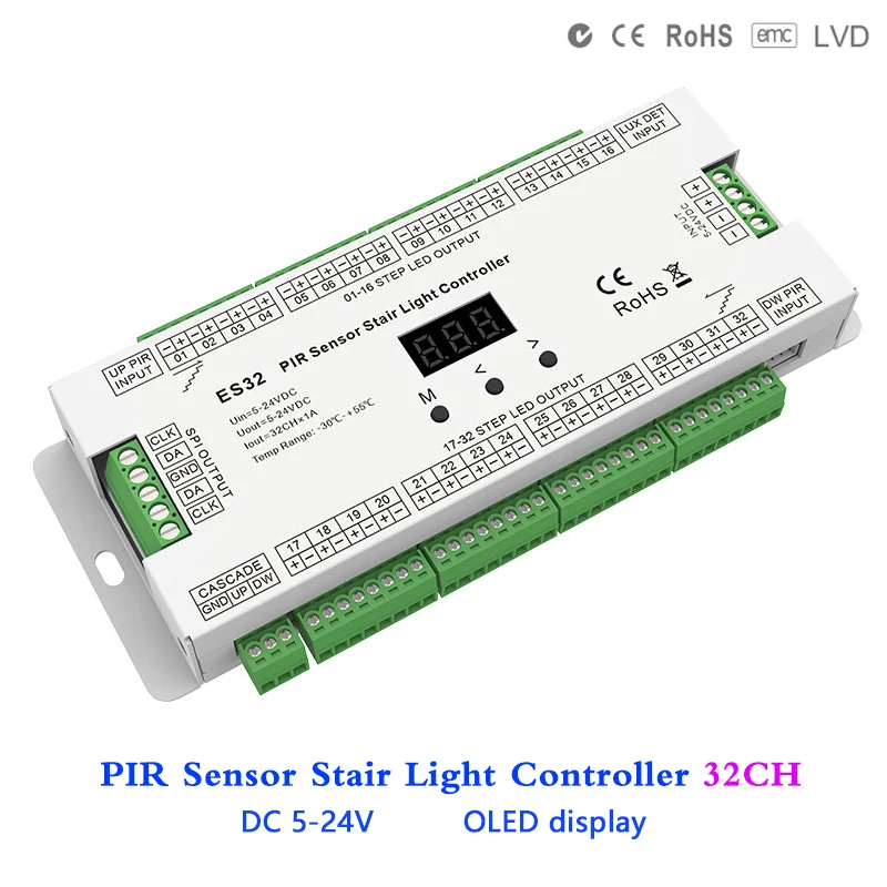 32CH Multifunctional PIR Sensor Stair Light LED Controller with Daylight Detection For DC5V - 24V WS2801 WS2811 WS2812 led Strip