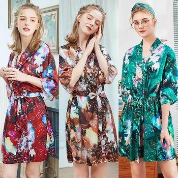 

Silk Satin Wedding Bride Bridesmaid Robe Floral Bathrobe Short Kimono Robe Night Robe Bath Robe Fashion Dressing Gown For Women