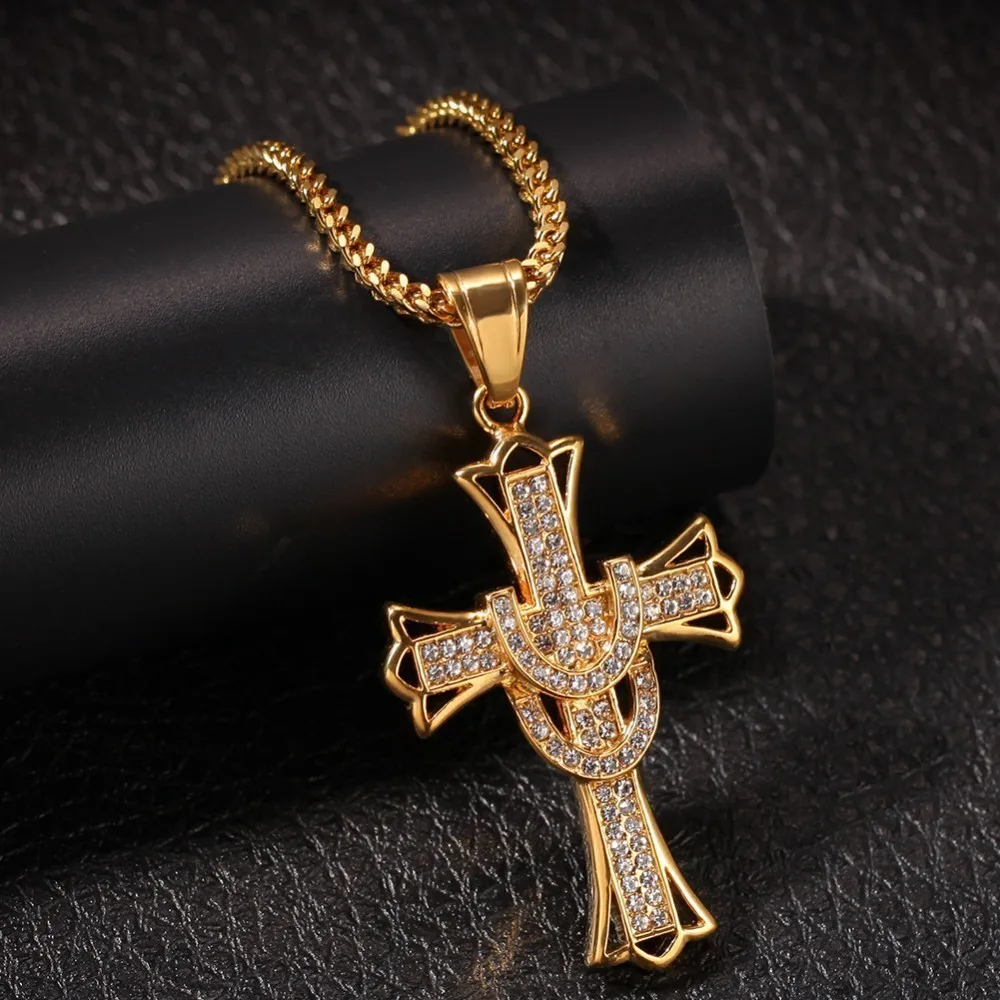 

TBTK Rhinestones Cross Necklace Stainless Steel Gold Silver Color Fashion HipHop Iced Out Jewelry Pendant & Chain Drop Shipping