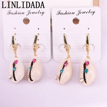 

5Pairs Wholesale Fashion Gold Color Cz Micro Pave natural cowrie shell Dangle Earrings