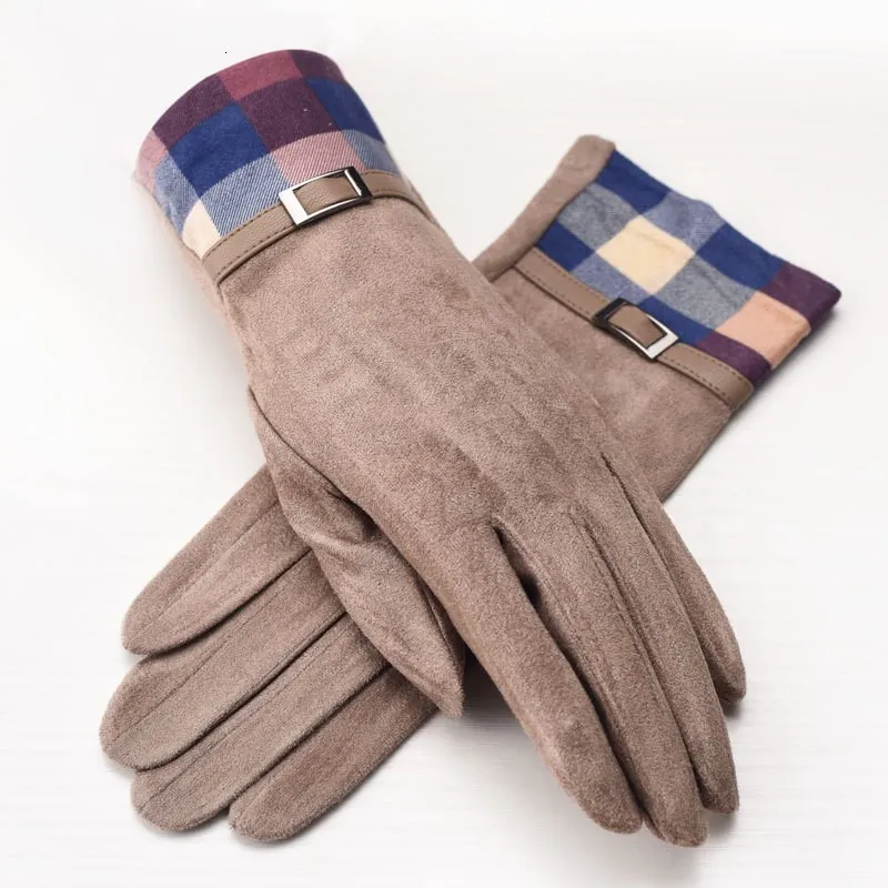 VIIANLES Suede Mittens Womens Winter Gloves Touched Screen Gloves Ladies Keep Warm Elegant Gifts Girls Glove Plaid Mittens - Цвет: G123 Camel