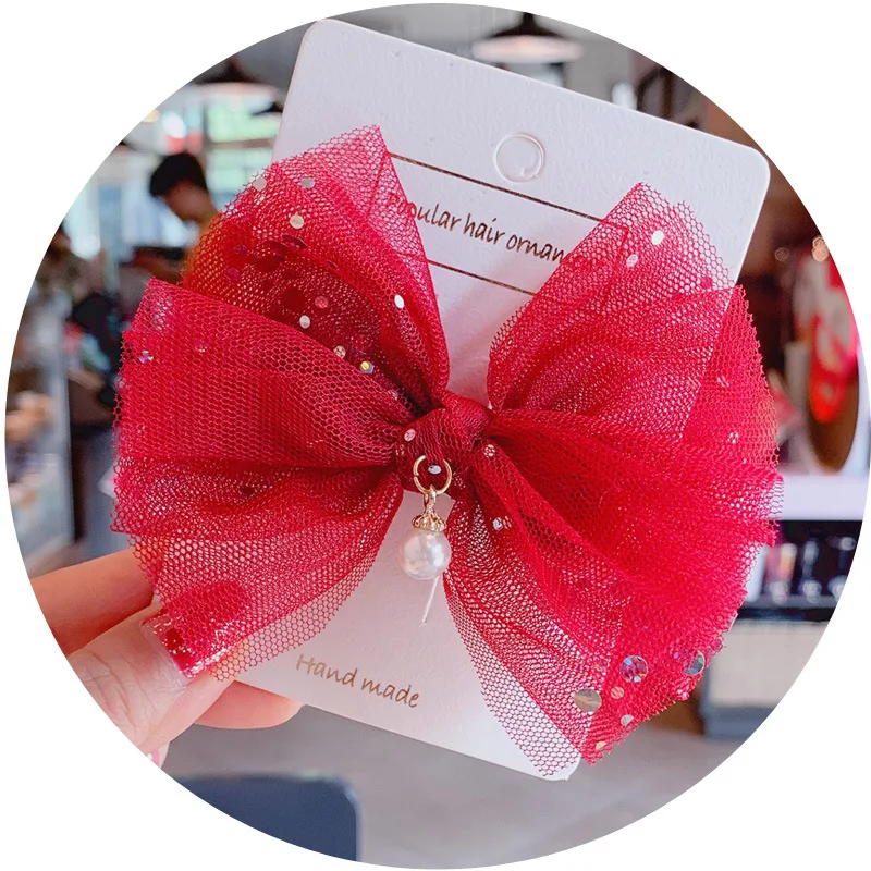 Boutique ins 20pcs Fashion Cute Glitter Mesh Bow Hairpins Pearl Gauze Bowknot Hair Clips Princess Headwear Hair Accessories
