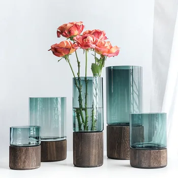 

Modern Design Solid Wood Base Glass Vase Luxury Living Room Decoration Figurines Wedding Decor Bedside Plants Holder Crafts Gift