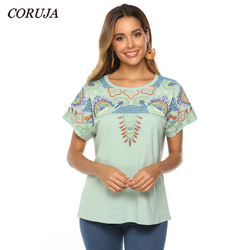 

CORUJA New Floral Embroidered Shirt Soft Cotton Fabric Bohemian Style Vintage Women's Tops Mexican Blouses