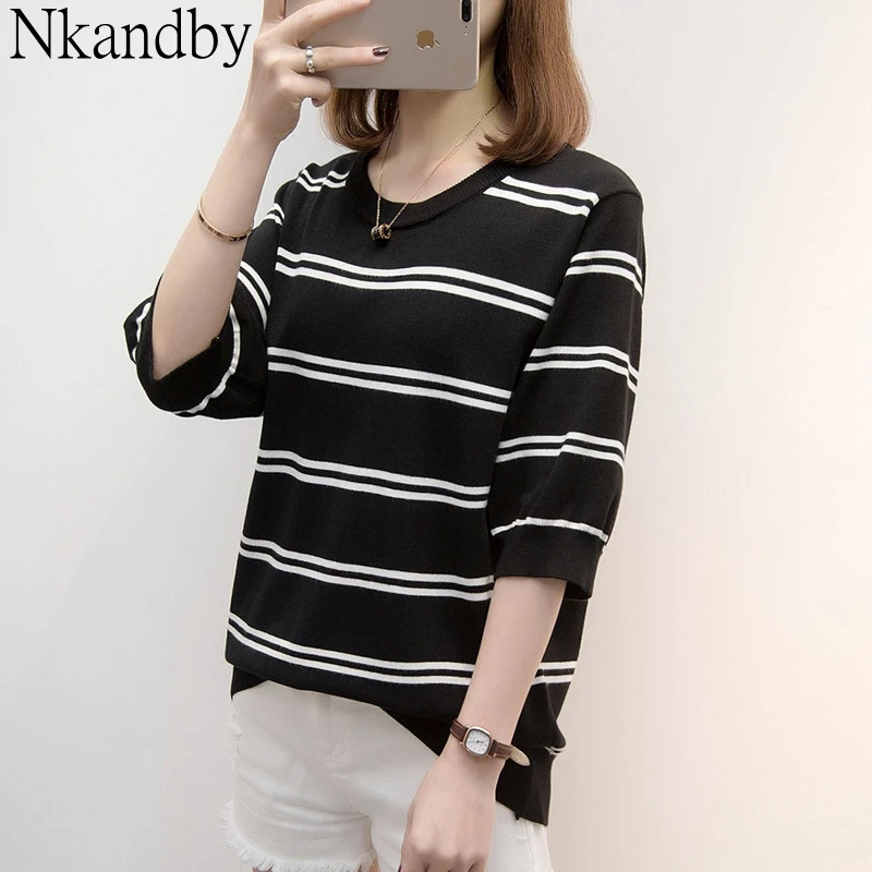 

Plus size knitted tops t shirt for women 2020 spring summer new stripe short sleeve t-shirt oversized knit wear loose tshirts