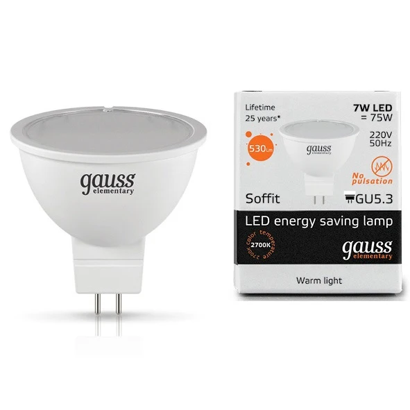 Лампа GAUSS LED Elementary 13517 MR16 GU5.3 7W 2700K 1/10/100|Светодиодные лампы и трубки| |