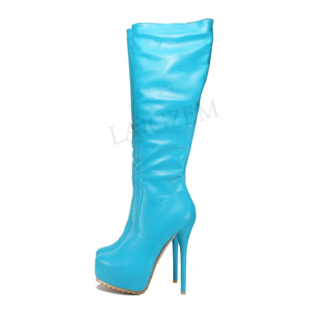 LAIGZEM/супер женская обувь; высота платформы по колено; ботинки на шпильке с молнией сзади; ботинки из искусственной кожи; Botines Mujer; большие размеры 50, 51, 52 - Цвет: LGZ917 Blue