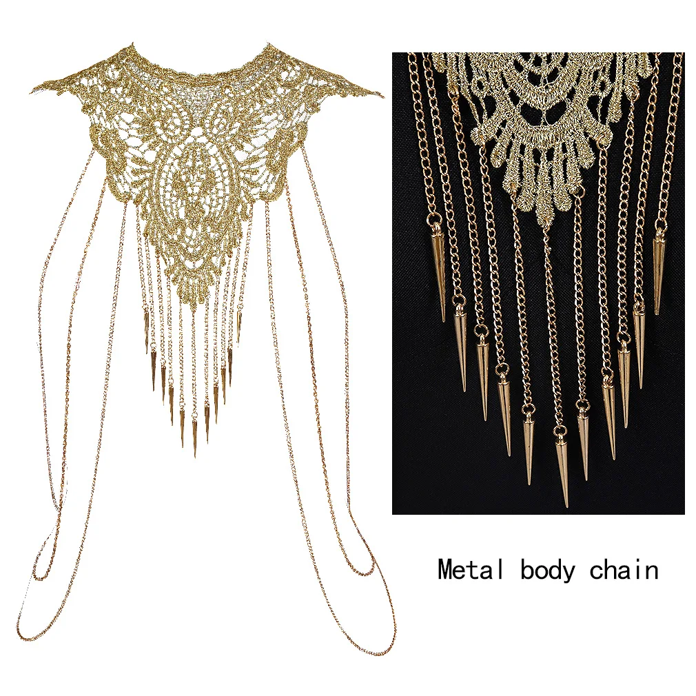 Sexy Lace Necklace Boho Tassel Body Chain Sequins Metal Beach Bikini Sexy Top Cage Neck Harness Plus Size Women Jewelry Fashion