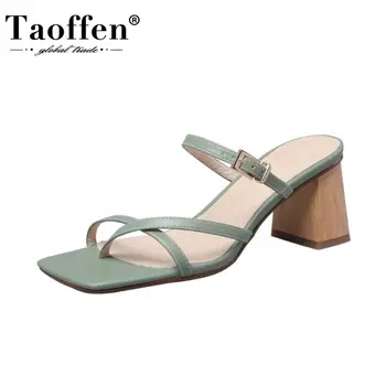 

Taoffen Summer Sandals Shoes Fashion Metal Buckle Slippers Thick High Heels Shoes Women Solid Casual Lady Footwear Size 34-39