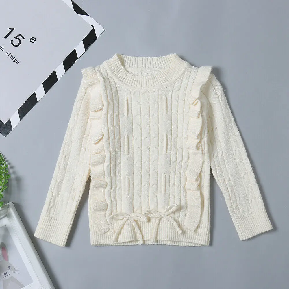 Baby Girl Ruffle White Knitted Sweater Warm Pullover Tops Outwear Autumn Winter Children Girl Clothes Sweaters - Цвет: Белый