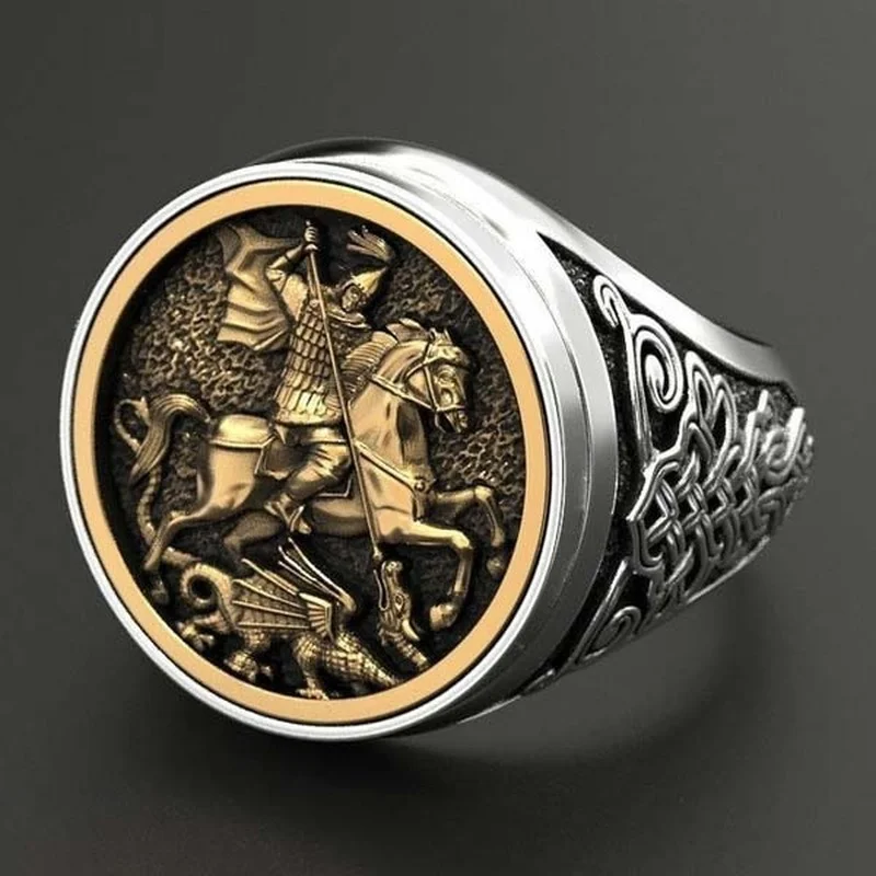 Unique sovereign men's ring St. George portrait Plated 925 two-color Roman soldier Dragon Ring Size 7-13 | Украшения и