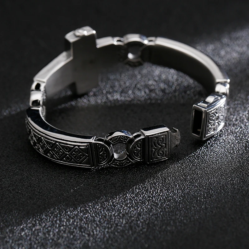 Fongten Cross Charms Bangle For Men Stainless Steel Heavy Mens Bangle Bracelets Male Retro Rune Silver Color Jewelry Armband