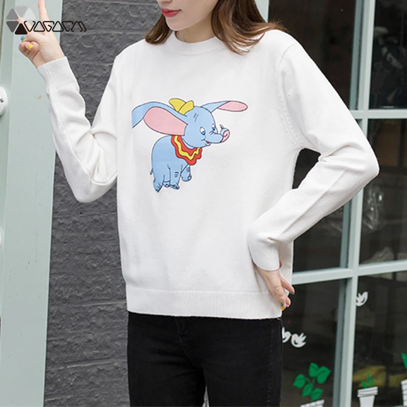 

2019 Autumn Winter Women Sweaters Casual Cartoon Print Sweater Cute Dumbo Knitted Pullover Long Sleeve O-neck Tops