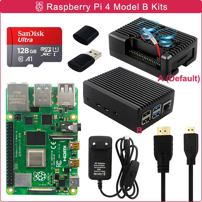 Raspberry Pi 4 Model B 2/4/8GB RAM + Aluminum Case + Power Supply + 16/32/64/128GB SD Card + HDMI-compatible Cable for RPI 4