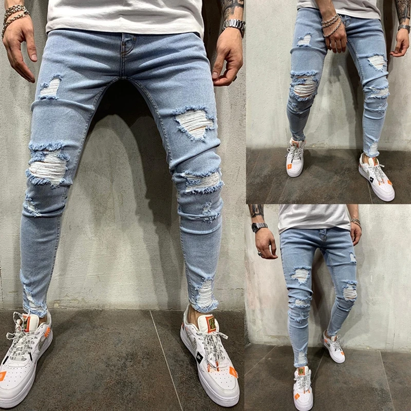 Pantalones de chándal Sexy para hombre, Jeans con agujeros, rasgados, ajustados, con rodillas rasgadas, estilo Hop, primavera y otoño|Pantalones vaqueros| - AliExpress