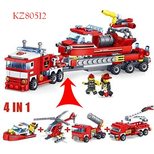 4-In-1-City-Fire-Fighting-Trucks-Car-Helicopter-Boat-Building-Blocks-Designer-Blocks-Assembled-Plastic