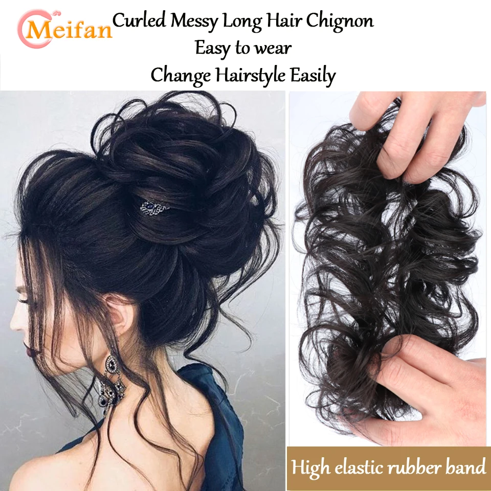 MEIFAN Synthetic Curly Scrunchie Chignon With Rubber Ban Hair Ring Wrap Around on Hair Tail Messy Bun Ponytails Extension hair bun extensions