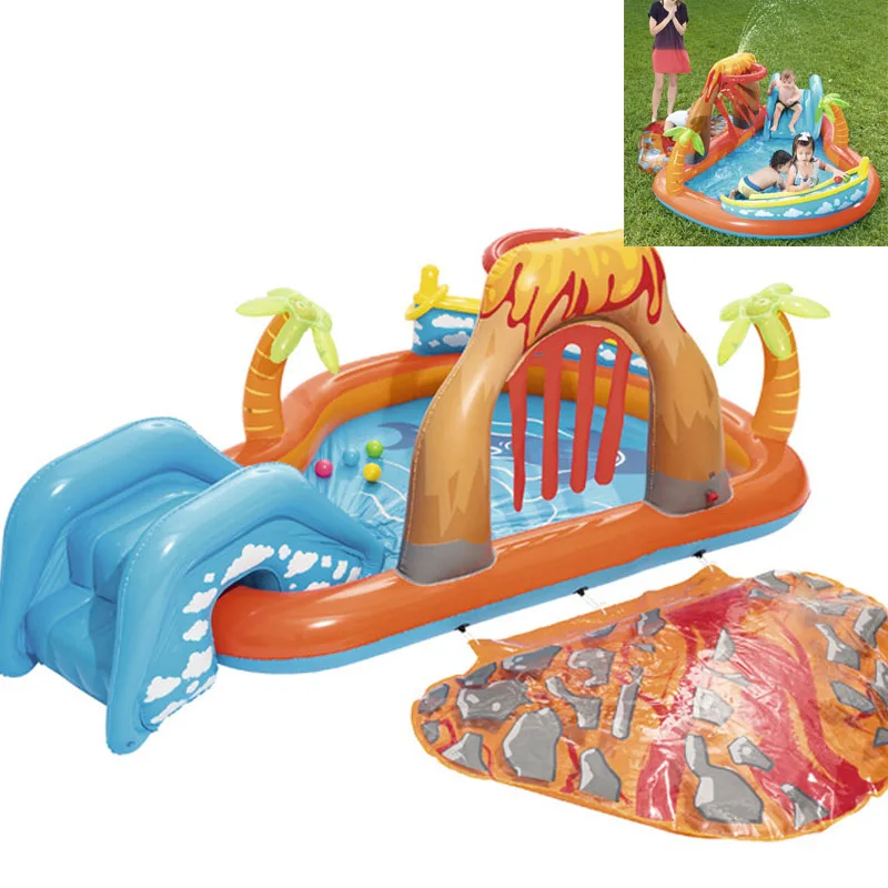 Inflatable Play Center Pool Seaside Water Play Center with Water Slide Coconut Palm Sprinkler Ball Toss Game Ring Toss Game