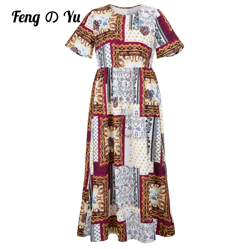 

Fashion Summer Maxi Dress Women's Printed Sundress Casual Short Sleeve Vestidos Female High Waist Robe Femme100KG Can Be Worn