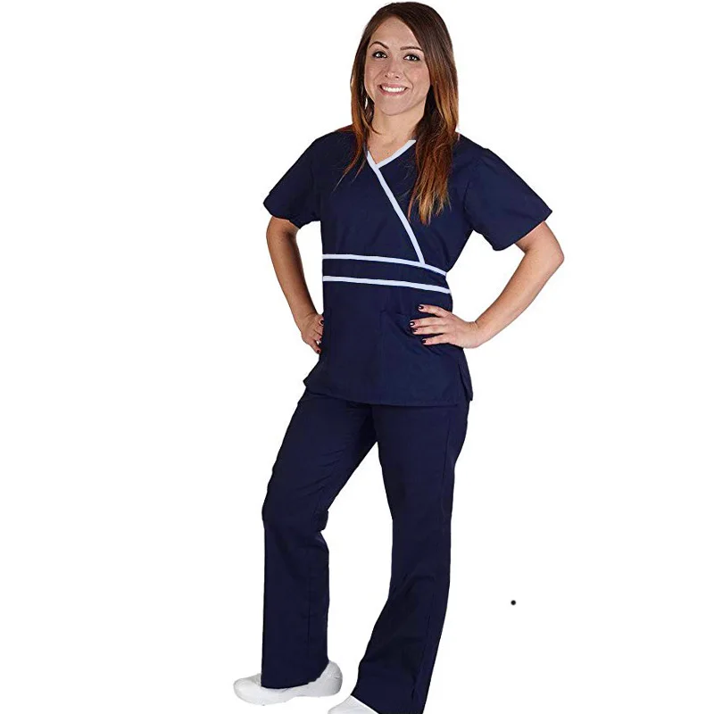 V шеи скрабы Женская медицинская Униформа летние с коротким рукавом скрабы Enfermagem рабочая одежда медсестры Регулируемый набор скрабов - Цвет: dark blue set