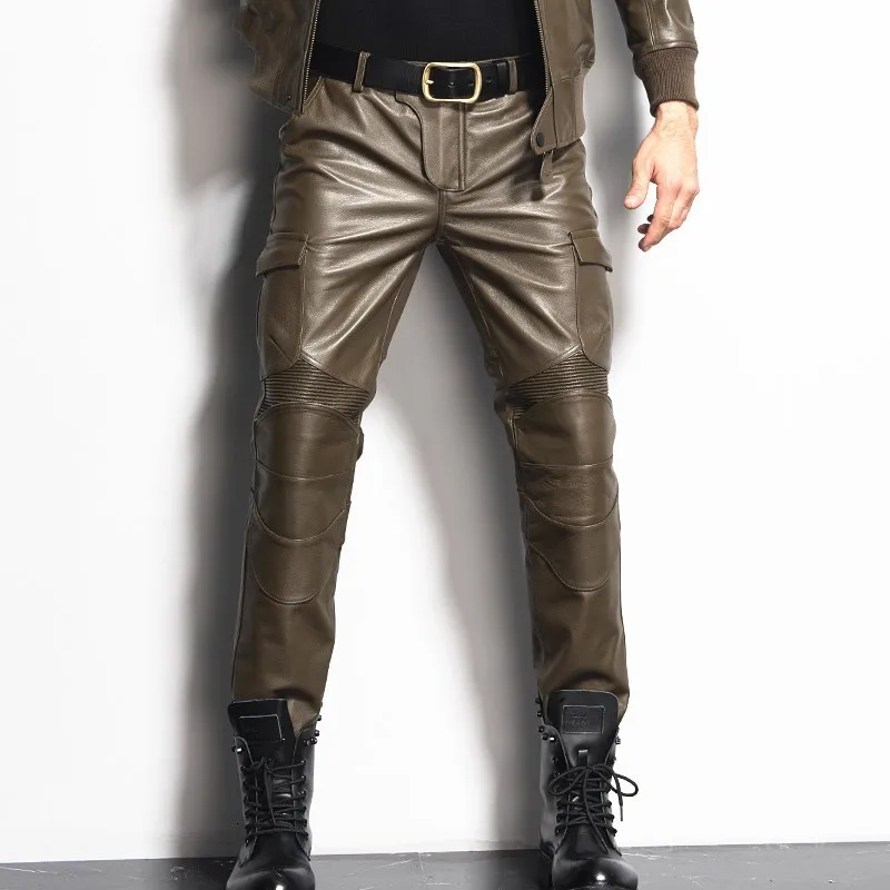 Army Green Новые мужские прямые брюки из натуральной кожи, тонкие длинные брюки с карманами, мужские Модные мотоциклетные брюки, брендовые размера плюс 29-36 - Цвет: Army Green