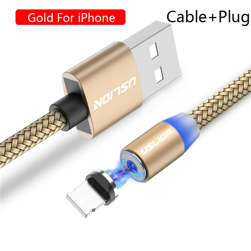 USLION 3 м светодиодный магнитный USB кабель для зарядки, USB для Micro usb type C, зарядное устройство для iPhone 11 Pro Max, Android, телефонный кабель, USB шнур - Цвет: Gold For iPhone