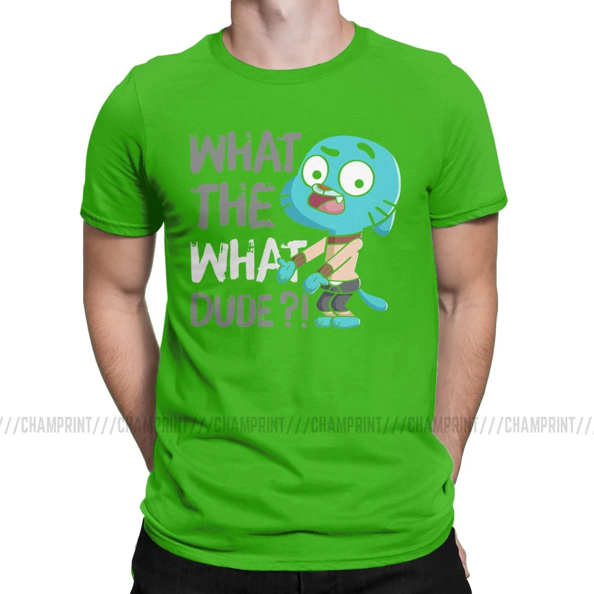 Men T-Shirt What The What Dude Creative Pure Cotton Tees Short Sleeve The Amazing World of Gumball T Shirt O Neck Tops Gift - Цвет: Зеленый
