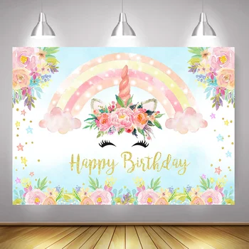 

Unicorn Children Birthday Party Decoration Backdrop Kids Rainbow Flowers Baby Shower Photo Background for Photo Studio Cartoon
