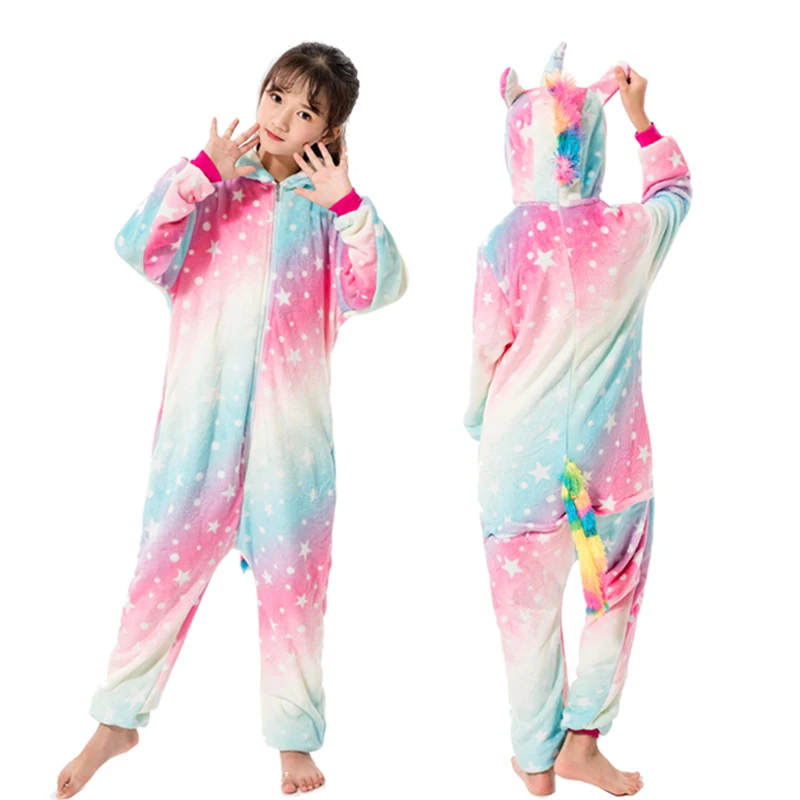 Kigurumi/Детские пижамы с радужными звездами и единорогом; Комбинезоны для детей; фланелевая зимняя детская пижама в стиле унисекс с рисунком панды