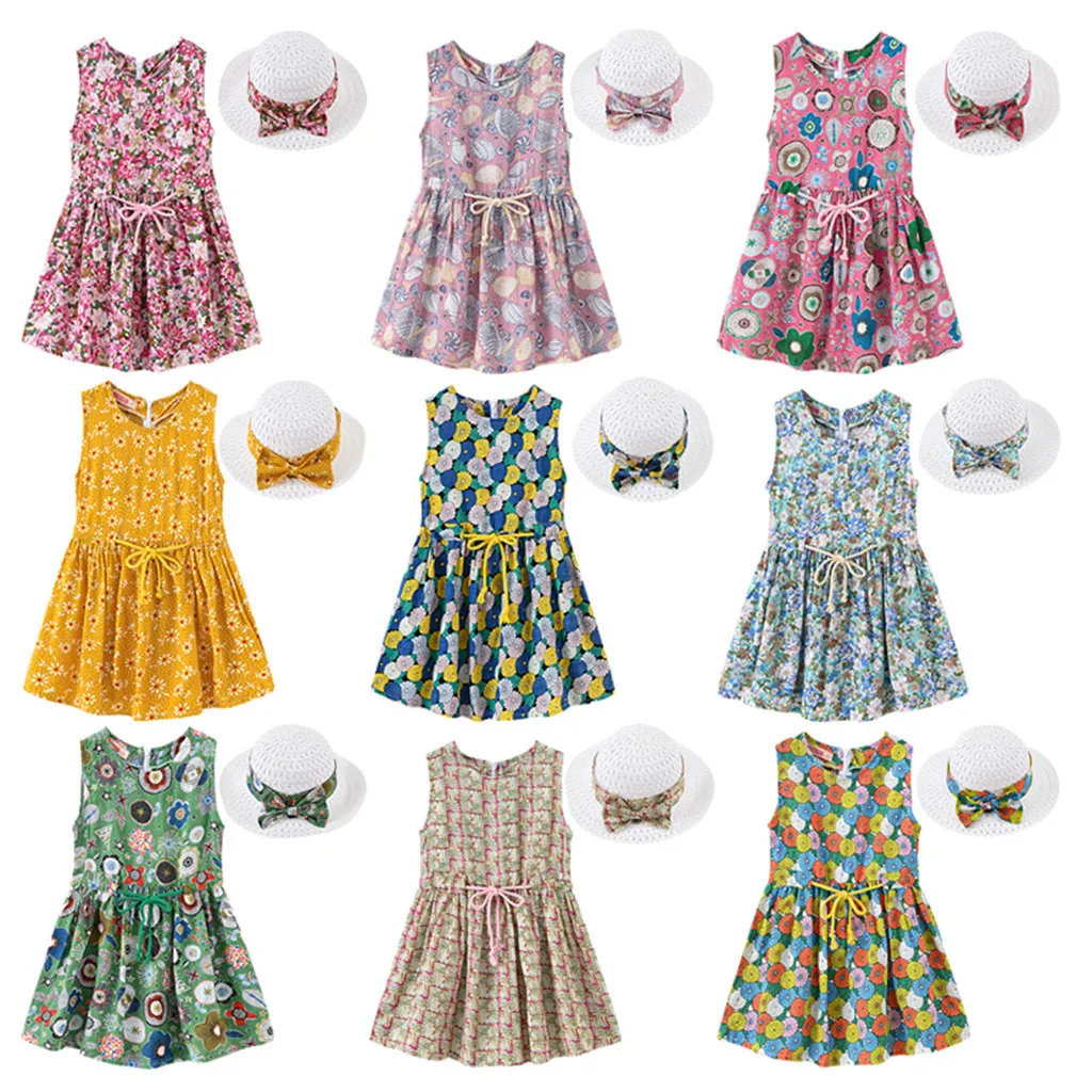 Toddler Baby Kids girls dress Floral Flowers Ruched Strap Summer Princess Dress 2-7 Years old children clothes summer #B