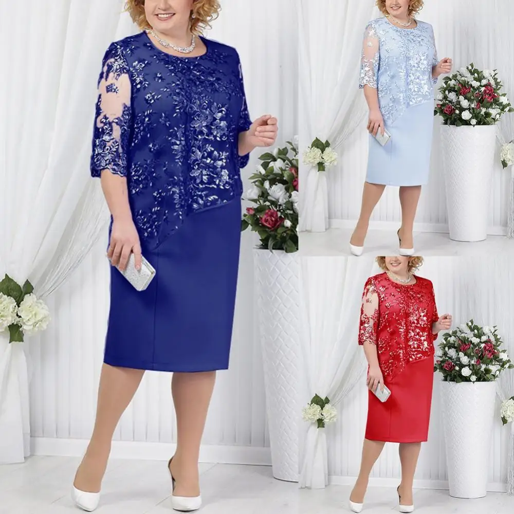  2021 Plus Size Party Sheer Half Sleeve Floral Lace Layered Mother of Bride Midi Dress Women's Clothing платье женское vestidos |