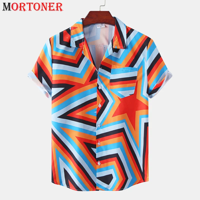 

Funky Geometric Star Print Hawaiian Shirt Men Casual Bright Button Down Beach Wear Shirts Mens Casual Holiday Vacation Clothing