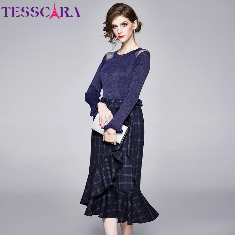 TESSCARA, женское весенне-осеннее элегантное платье, костюм, набор, женские Коктейльные Вечерние платья, высокое качество, дизайнерский, из двух частей, для офиса, Vestidos