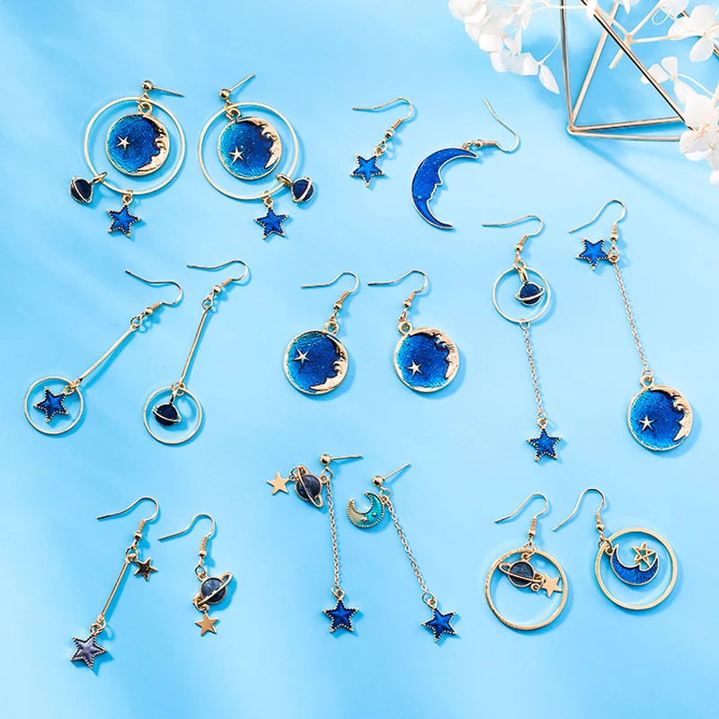 New Fashion Blue Space Universe Moon Star Earrings For Women Gold Color Universe Planet Circle Asymmetry Long Earrings - Image 3