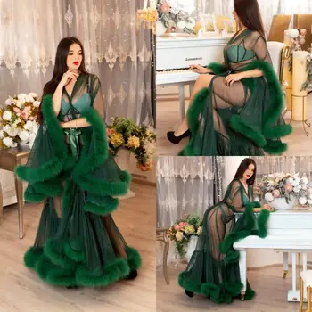 

Green Luxury Fur Bathrobe Sleepwear Night Robe Kimono Dressing Gown Babydoll Lingerie Bath Robe Sexy Nightgown
