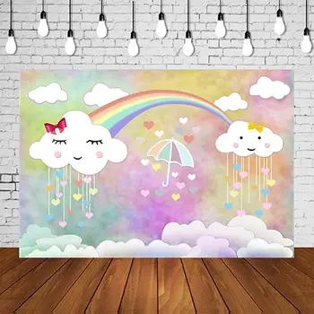 

Photography Backdrop Baby Girl Sweet White Cloud Rainbow Umbrella Pastel Birthday Party Banner Photo Studio Background Decors