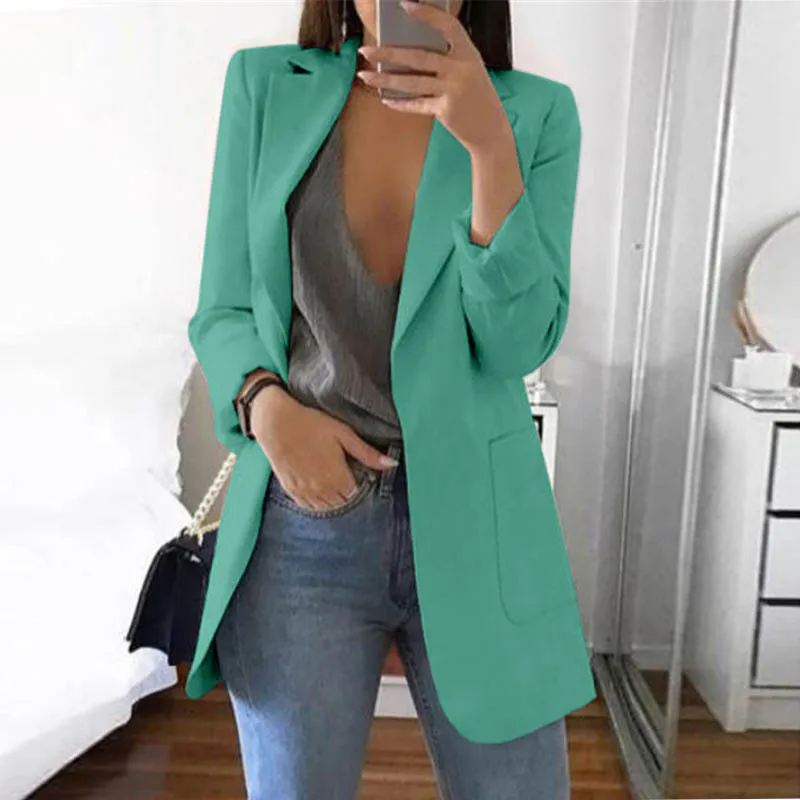 Green Elsvios 5XL Женская Осенняя деловая куртка весенний офисный женский узкий пальто Верхняя одежда Повседневная с длинным рукавом базовые Топы chaquetas mujer - Цвет: Green