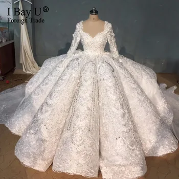 شراءفساتين حجم كبير لحفلات الزفاف رداء دي ماري كريستال الخرز ثلاثية الأبعاد الدانتيل زهرة فستان زفاف فاخر Vestido De Noiva 2020