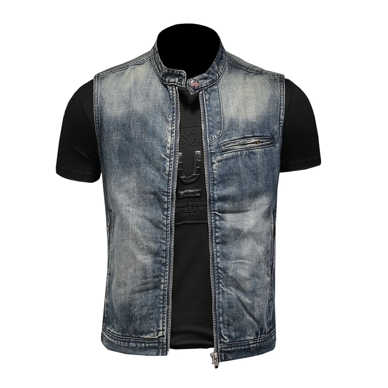 Summer Jacket Men Mens Motorcycle Biker Denim Vest Stand Collar
