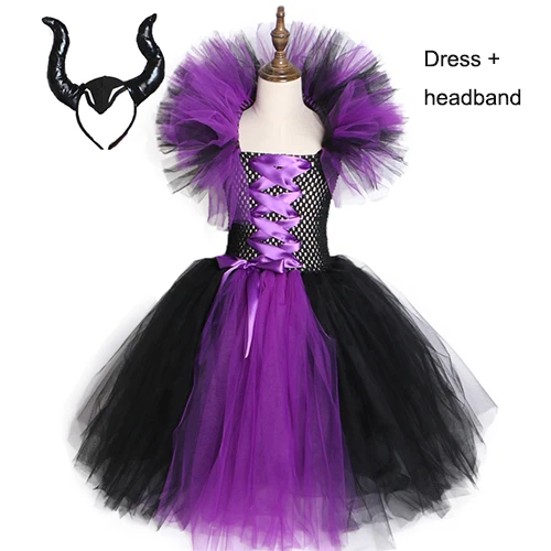 Maleficent/платье-пачка «злая королева» для девочек Детские Вечерние платья из тюля для девочек на карнавал, Хэллоуин, детский маскарадный костюм ведьмы для детей от 1 до 14 лет - Цвет: dress with headband