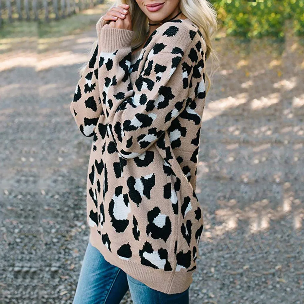 Jaycosin Fashion Casual Lady Leopard Sweater Chic Stylish Comfortable Soft Elegant Loose V-Neck Fit Tops Blouse sweater