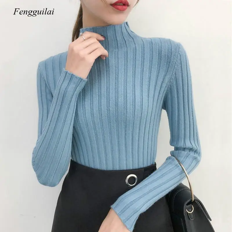 

Korean Style Sweater Women High Neck 2020 Casual Rib Knit Sweater Pure Color All-Match Pullover Sweater Women