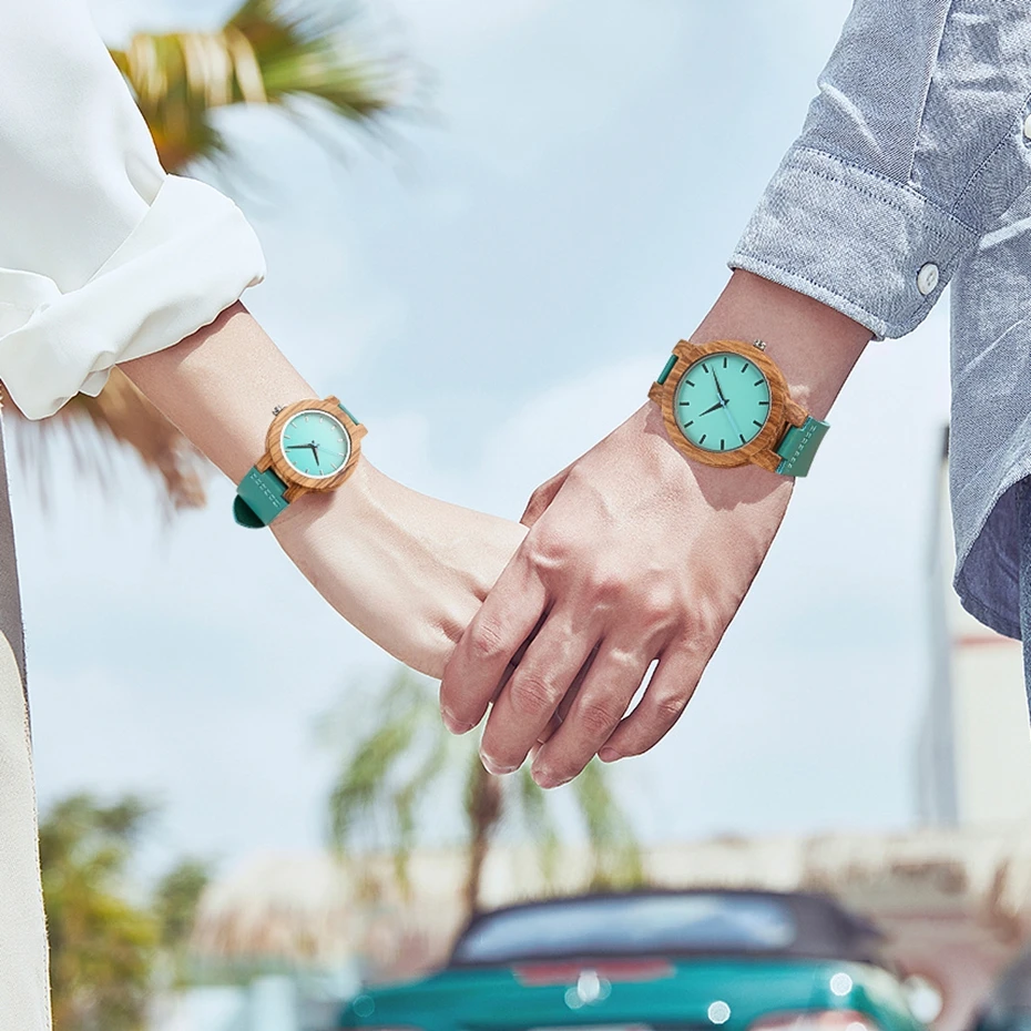 Turquoise Blue Women's Quartz Wooden Watch with Leather Band - Modern Bamboo Fashion Timepiece