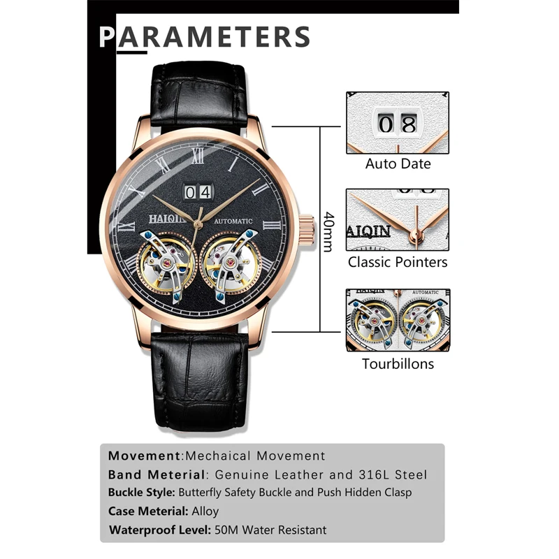 Haiqin Men Mechanical Automatic Double Tourbillon Calendar Stainless Steel Wrist Watches Top Brand-6